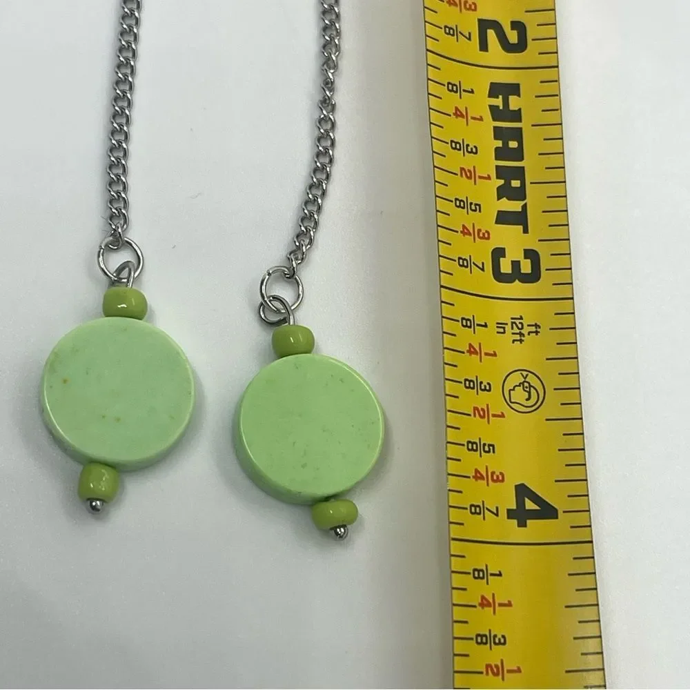 Hand Crafted Lime Green Gemstone With Silver Chain Earrings NWT